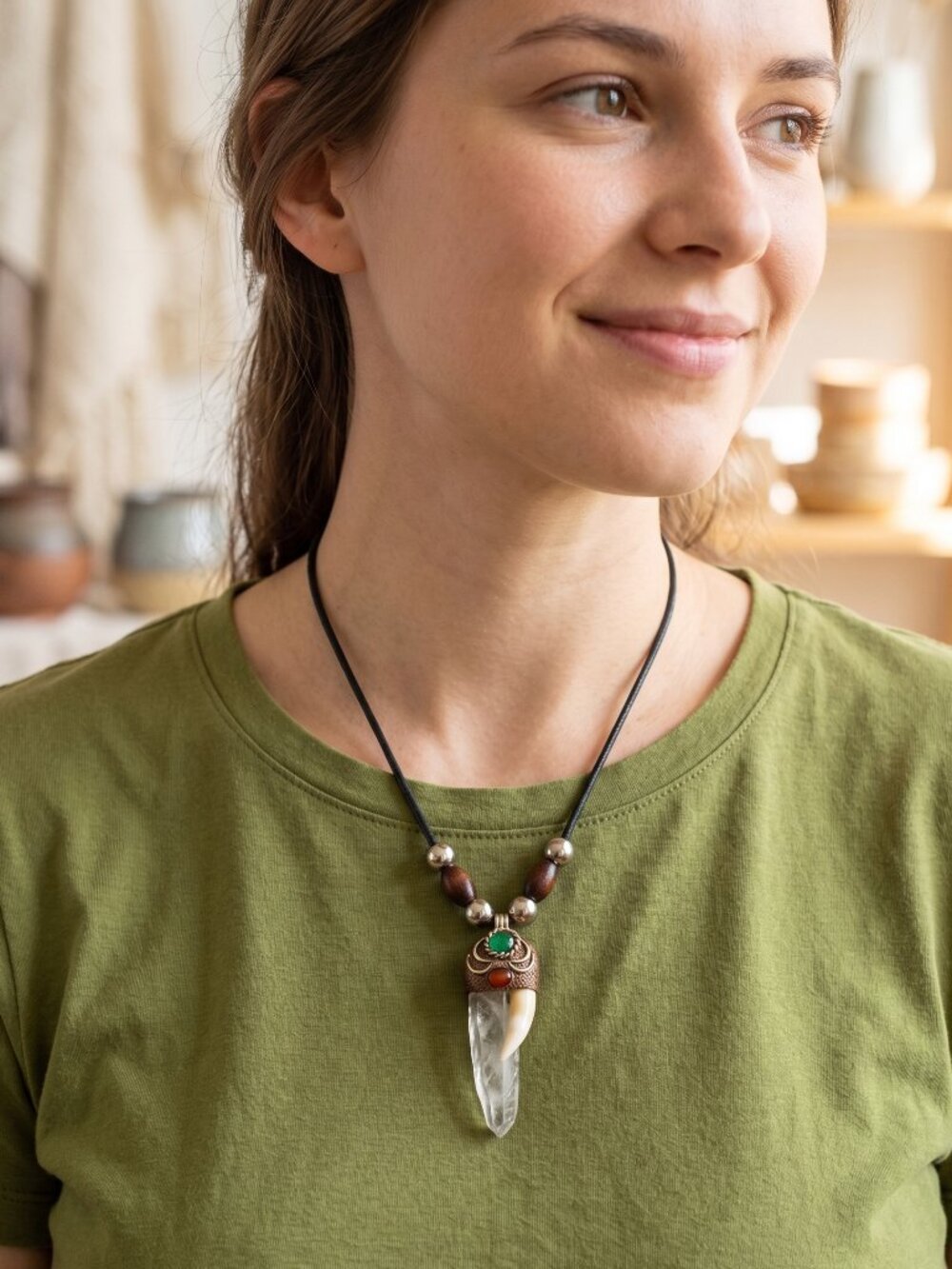 Handmade Macrame Necklace with Quartz Crystal and Sea Lion Tooth - Picture 4 of 7